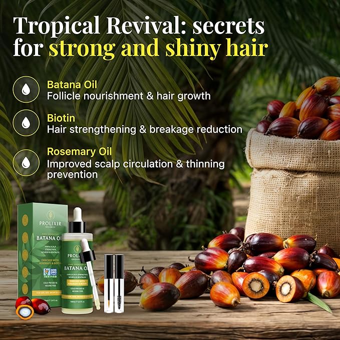 Batana Oil with Organic Rosemary & Biotin – Hair, Eyebrow & Eyelash Growth Serum – Nourishing Oil for Thicker, Fuller-Looking Hair, Brows & Lashes – Strengthens Roots & Conditions Dry Ends