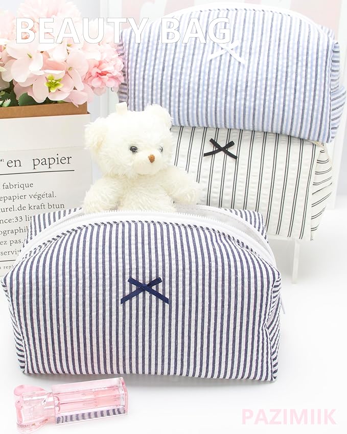 PAZIMIIK 6PCS Cozy Makeup Bag Small Aesthetic Travel Zipper Cosmetic Pouch for Women Make Up Beauty Accessories Brushes, Stripe Navy Blue