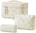 HBselect Quilted Makeup Bag, 3PCS Cotton Large Travel Makeup Bag, Cute Floral Coquette Make up Bag Cosmetic Bag Toiletry Bag for Women Girls