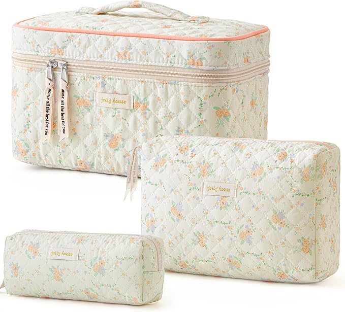 HBselect Quilted Makeup Bag, 3PCS Cotton Large Travel Makeup Bag, Cute Floral Coquette Make up Bag Cosmetic Bag Toiletry Bag for Women Girls