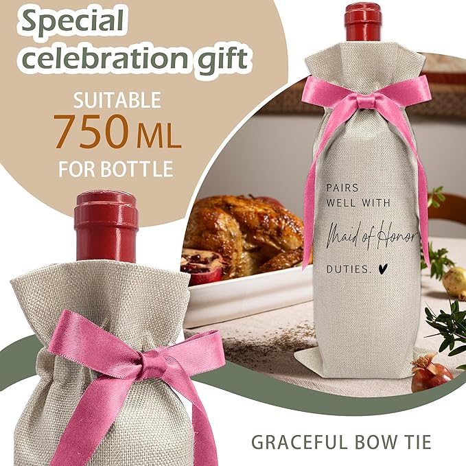 Cute Pink Bow Ribbon Engagement Gift Wine Bag - 1 PCS Bride to Be Gifts for Bridesmaids Bride and Groom Couples Her Him Will You Be My Bridesmaid for Getting Married Engagement Bridal Shower - A51