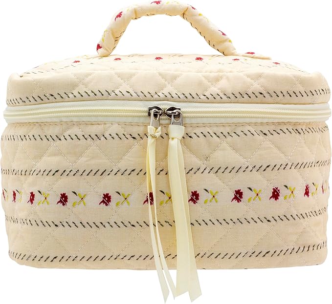 PAZIMIIK Quilted Makeup Bag Large Travel Zipper Soft Cosmetic Case for Women Girls Make Up,Little Flower Beige