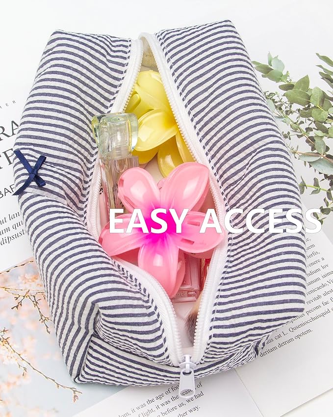 PAZIMIIK Cozy Makeup Bag Small Aesthetic Travel Zipper Cosmetic Pouch for Women Make Up Beauty Accessories Brushes, Stripe Navy Blue