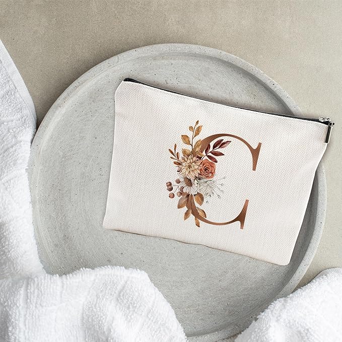 A-Z Boho Personalized Cosmetic Bag-Floral Cotton Letter Makeup Bag With Zipper-Artistic Cosmetic Bag For Travel-Bride,Birthday Gift For Women Daughter Friends-Women Makeup Organizer-A03