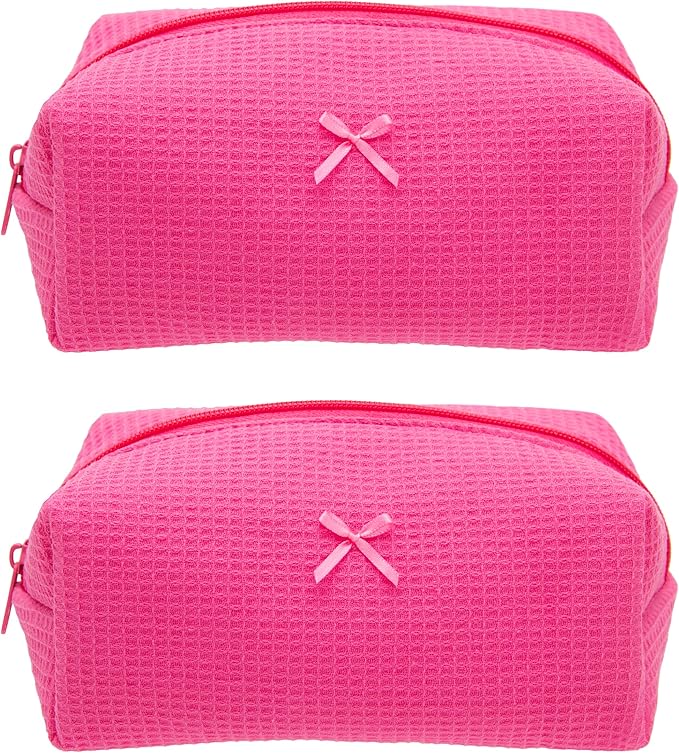 PAZIMIIK 2PCS Cozy Makeup Bag Travel Cosmetic Bag for Women Soft Toiletry Bag Aesthetic Makeup Organizer Portable Large Zipper Pouch for Skincare Beauty Accessories Brushes Waffle Hotpink