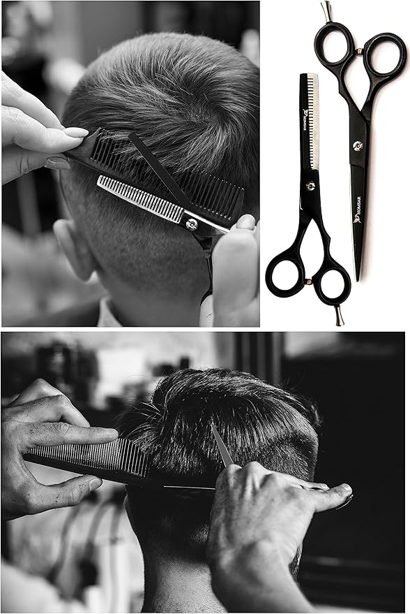 Professional Hair Cutting Scissors Kit, Sharp Fine Blades, Premium Stainless Steel Hairdressing Shears, Haircut Beard Trimming Grooming Set for Barber Salon Home Men Women Pets (Black-Silver)