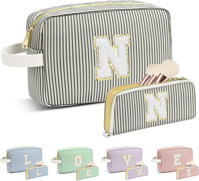 Travel Makeup Bag Christmas Gifts for Women Girl Teens, Personalized Initial Makeup Bag for Cute Teen Girls, Preppy Stuff Toiletry Bag Cosmetic Bag, Teen Girls Gift Trendy Stuff, Letter N