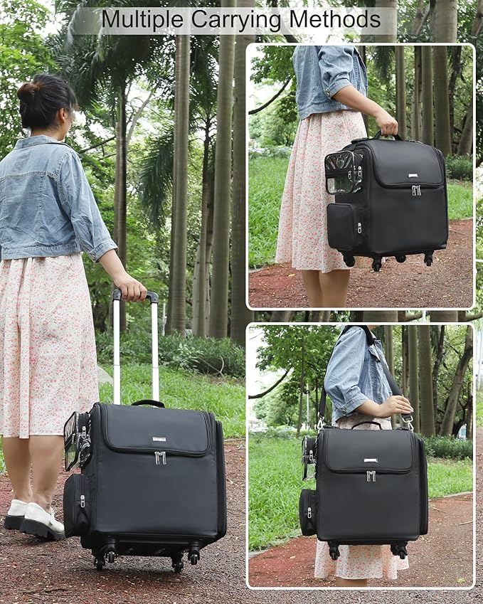 Relavel Rolling Makeup Train Case with 4 Pcs Clear Makeup Bags, Hairstylist Traveling Bag with 4 Wheels, Heat Insulation Full Layer, Adjustable Dividers, Hair Tools and Cosmetics Storage Organizer