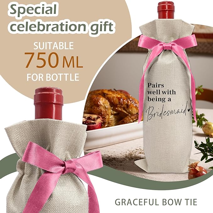Cute Pink Bow Ribbon Engagement Gift Wine Bag - 1 PCS Bride to Be Gifts for Bridesmaids Bride and Groom Couples Her Him Will You Be My Bridesmaid for Getting Married Engagement Bridal Shower - A53