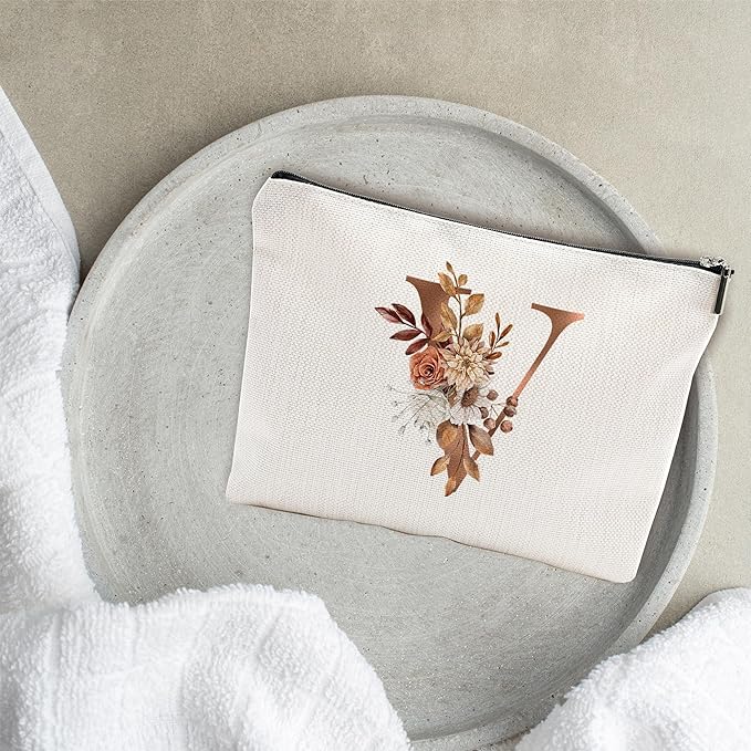A-Z Boho Personalized Cosmetic Bag-Floral Cotton Letter Makeup Bag With Zipper-Artistic Cosmetic Bag For Travel-Bride,Birthday Gift For Women Daughter Friends-Women Makeup Organizer-A22