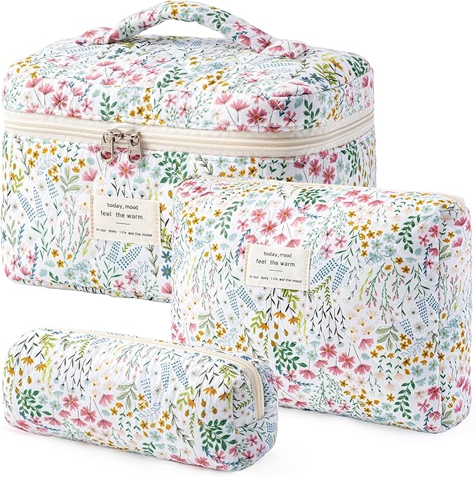 HBselect Quilted Makeup Bag, 3PCS Cotton Large Travel Makeup Bag, Cute Floral Coquette Make up Bag Cosmetic Bag Toiletry Bag for Women Girls