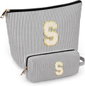 2 PCS Initial Makeup Bags for Women: Cosmetic Bag for Travel Toiletry - Birthday Gifts for 11 12 13 14 15 16 17 18 Years Old Girl Graduation Teacher Gift- Teen Girl Gifts Trendy Stuff - Black S