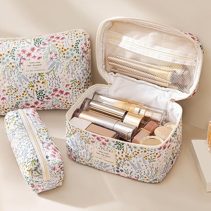 HBselect Quilted Makeup Bag, 3PCS Cotton Large Travel Makeup Bag, Cute Floral Coquette Make up Bag Cosmetic Bag Toiletry Bag for Women Girls