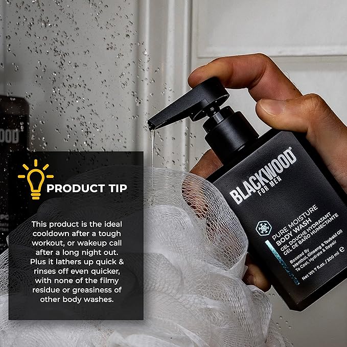 Blackwood For Men Pure Moisture Body Wash - Infused with Ginseng & Menthol - Natural Vegan Formula for Sensitive Skin and Workout Recovery - Sulfate Free, Paraben Free, & Cruelty Free (7 Oz)