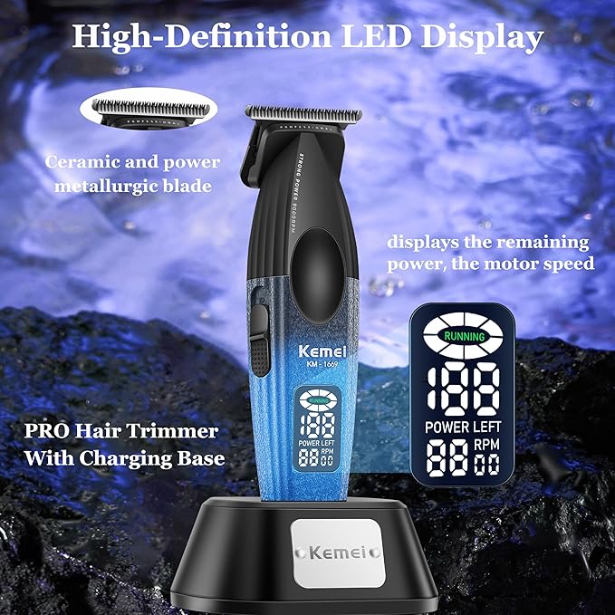 KEMEI 1669 Beard Trimmer for Men, Cordless Hair Trimmers with LED Display, 9000 RPM Hair Clippers for Barber with Charging Base, DLC Coated T-Blade