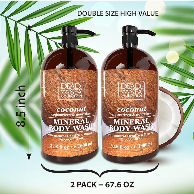 Dead Sea Collection Coconut Body Wash for Women and Men - with Pure Dead Sea Minerals and Coconut Oil - Cleanses and Moisturizes Skin - Pack of 2 (67.6 fl. oz)