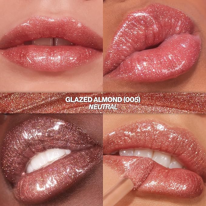 REVLON Super Lustrous Glimmer Gloss Gift Set, 3-Piece, Non-Sticky Lip Makeup, Plant-Based Glitter, High-Shine Finish, 008 Rose Glow, 005 Glazed Almond 001 Diamond Drama