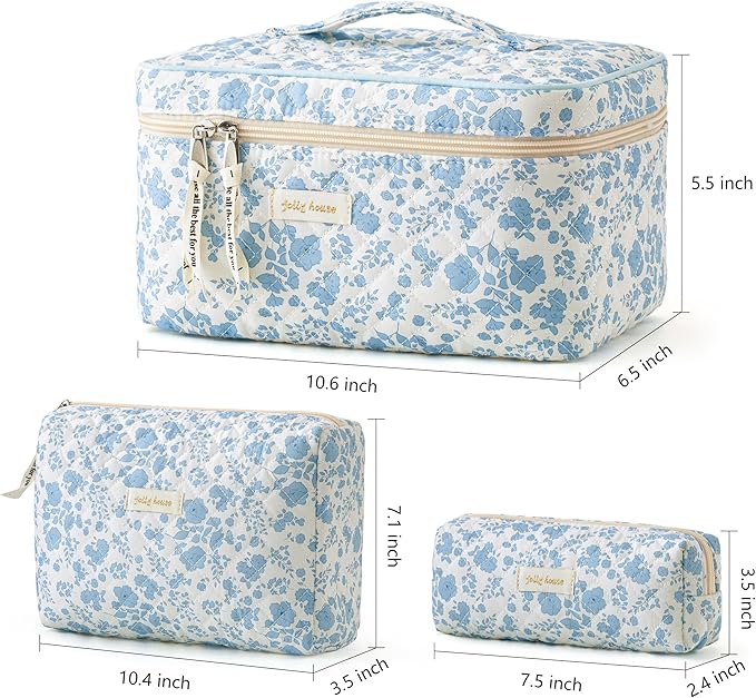 HBselect Quilted Makeup Bag, 3PCS Cotton Large Travel Makeup Bag, Cute Floral Coquette Make up Bag Cosmetic Bag Toiletry Bag for Women Girls