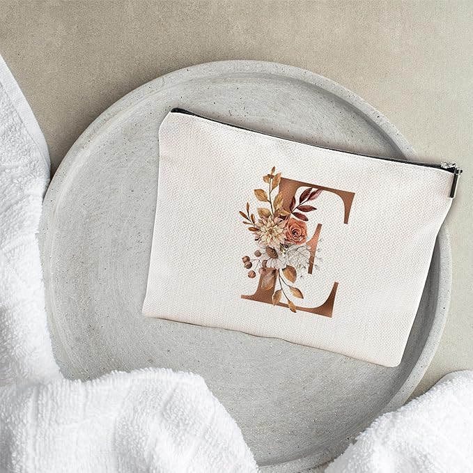 A-Z Boho Personalized Cosmetic Bag-Floral Cotton Letter Makeup Bag With Zipper-Artistic Cosmetic Bag For Travel-Bride,Birthday Gift For Women Daughter Friends-Women Makeup Organizer-A05