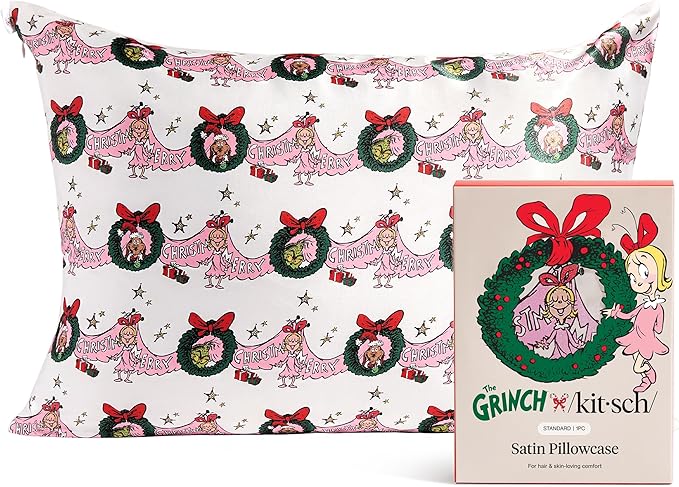 The Grinch x Kitsch Satin Pillowcase with Zipper for Hair & Skin - Softer Than Silk Pillow Cases, Smooth Cooling Pillow Cover, Wrinkle-Free, Machine Washable, Queen/Standard (19x26)- Cindy Lou