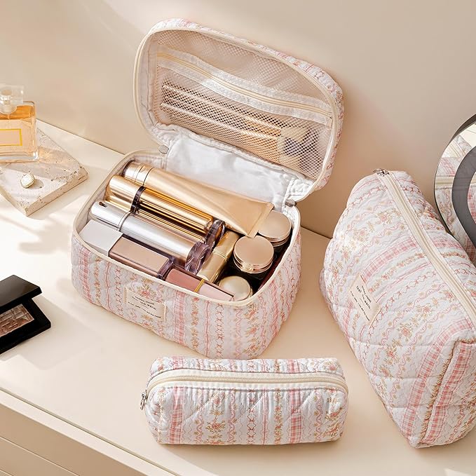 HBselect Quilted Makeup Bag, 3PCS Cotton Large Travel Makeup Bag, Cute Floral Coquette Make up Bag Cosmetic Bag Toiletry Bag for Women Girls