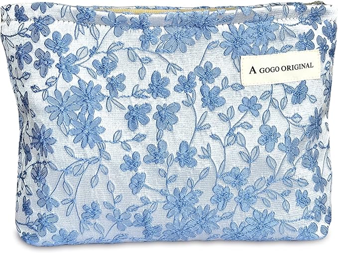 STARDW Aesthetic Floral Makeup Bag Cute Small Cosmetic Bags for Women Girls, Travel Toiletry Bag Large Capacity Zipper Makeup Pouch, Purse Organizer Pouches (Embroidery)