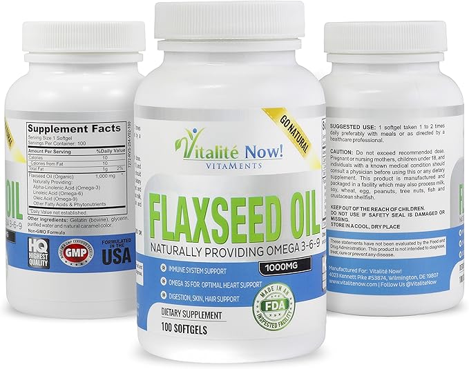 Organic Flaxseed Oil Softgels - 1000mg Premium, Virgin Cold Pressed from Flax Seeds - Hair Skin & Nails Support - Omega 3-6-9 Supplement - 100 Count - More Than 3 Month Supply!