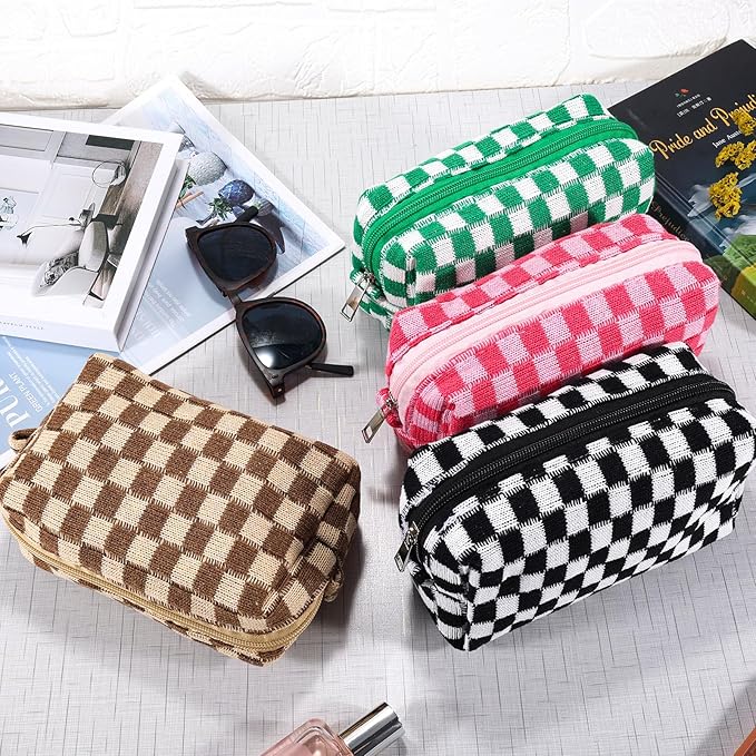 ZLFSRQ 4Pcs Checkered Pencil Case Cute Pencil Pouch for Teens Checkered Makeup Bag Medium Travel Cosmetic Bag Makeup Pouch for Purse Aesthetic Trendy Zipper Toiletry Bags(Green/Black/Pink/Brown)