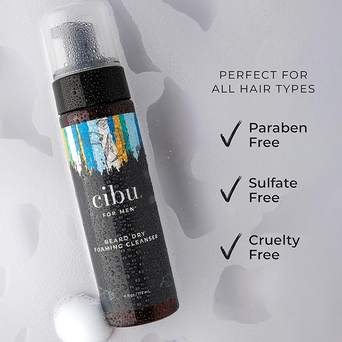 Cibu for Men Beard Dry Foaming Cleanser 6oz - Rinse-Free Beard Wash for Men to Control and Tame Unruly Beards and Coarse Hair - Softening and Nourishing Beard Cleaner with Aloe, Jojoba, and Argan Oils