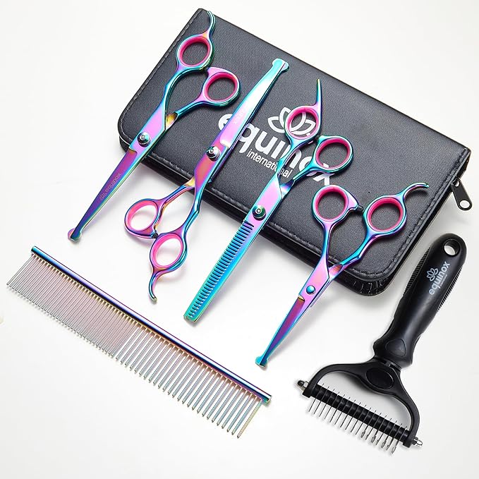 Equinox Dog Grooming Scissors & Deshedder - 7 in 1 Pet Grooming Scissors Set with undercoat brush - Curved Dog Scissors with safety tips - Includes Thinning & Rounded Shears - For dogs & cats