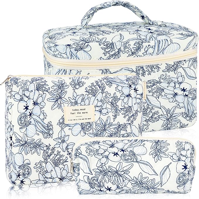 3Pcs Cotton Quilted Makeup Bag for Women Girls Large Small Travel Black Floral Cosmetic Bags Set Cute Coquette Makeup Pouch for Purse Aesthetic Cloth Flower Storage Toiletry Bag Organizer