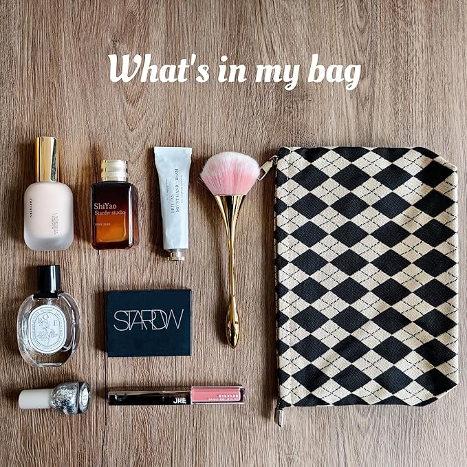 STARDW Parallel Checkered Makeup Bag Cute Cosmetic Bags for Women Girls, Travel Toiletry Bag Large Capacity Zipper Makeup Pouch, Purse Organizer Pouches