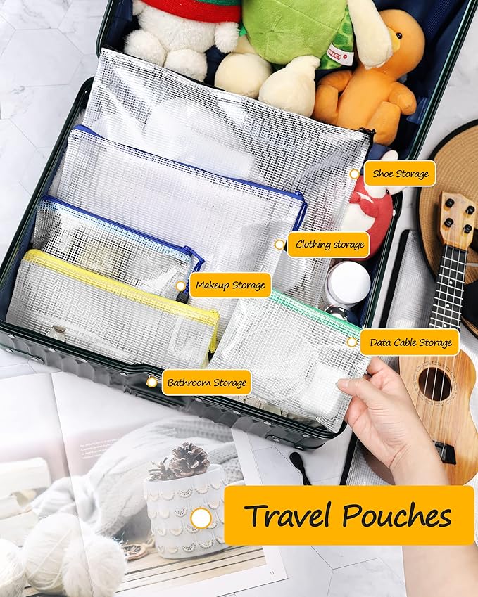 SUNEE Plastic Mesh Zipper Pouch 10x14 in (6 Colors, 24 Packs),Extra Large Water-Resistant Zip Bag for School Office Supplies, Puzzles & Games Organizing Storage