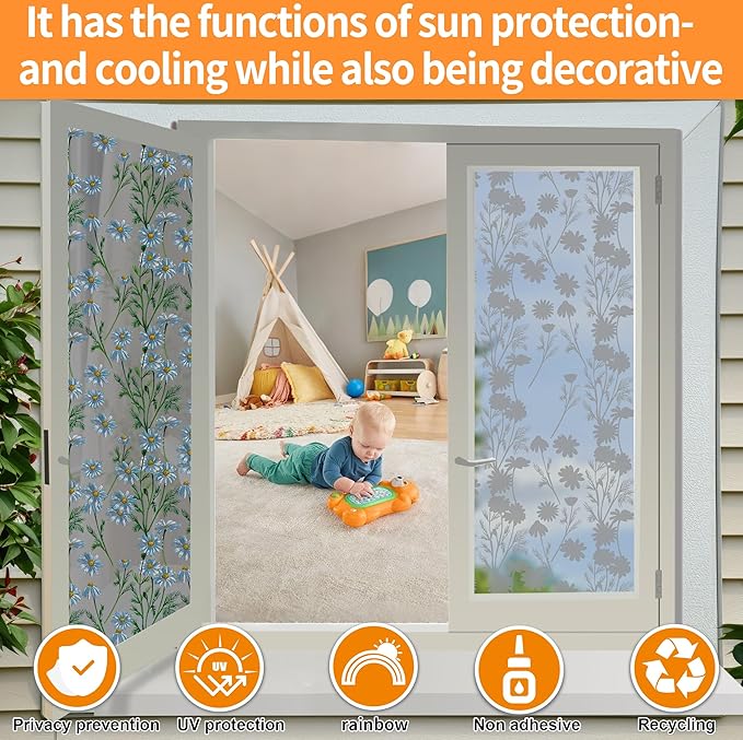 One Way Privacy Film, Window Tint for Home,Daytime Reflective, Anti UV Static Cling Sliding Door Coverings No Glue Garage Solar Paper (Black - Silver-Daisy, 17.5 x 78.7 in)