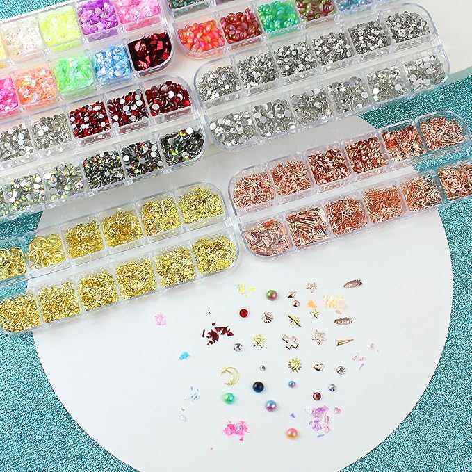 Artdone Nail Art Studs Kit, 6 boxes Multicolor And Design 3D Charms Pearls With 15 Sheets Gold Nail Stickers, Diamond Cute Nail Jewels For DIY Decoration with Pickup Tools