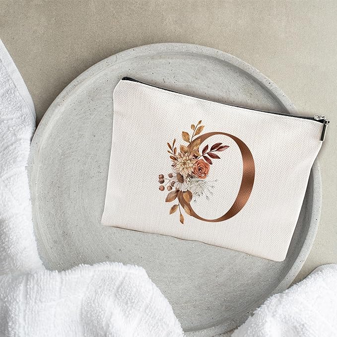 A-Z Boho Personalized Cosmetic Bag-Floral Cotton Letter Makeup Bag With Zipper-Artistic Cosmetic Bag For Travel-Bride,Birthday Gift For Women Daughter Friends-Women Makeup Organizer-A15