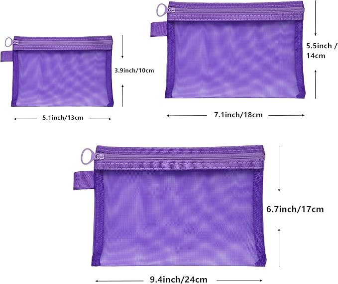 Quotidian Flat Clear Mesh Zipper Pouch Purple Makeup Brush Bag Travel Organizer 3-Size Pack of 9 - Toiletry Kit Cruise Travel Purse Storage