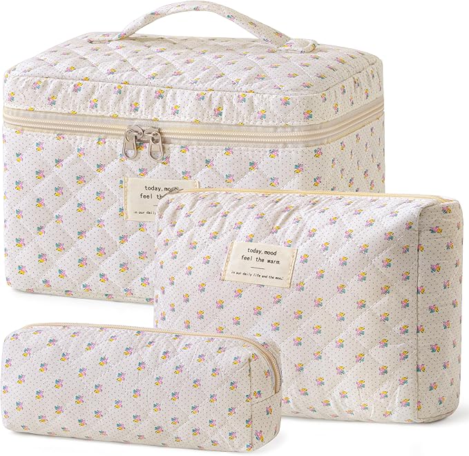 HBselect Quilted Makeup Bag, 3PCS Cotton Large Travel Makeup Bag, Cute Floral Coquette Make up Bag Cosmetic Bag Toiletry Bag for Women Girls