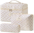 HBselect Quilted Makeup Bag, 3PCS Cotton Large Travel Makeup Bag, Cute Floral Coquette Make up Bag Cosmetic Bag Toiletry Bag for Women Girls