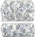 2Pcs Floral Makeup Bag for Women Cotton Quilted Coquette Cosmetic Bag Cute Zipper Black Flower Makeup Pouch Aesthetic Portable Pencil Pouch Travel Toiletry Bag Trendy Cloth Skincare Bag