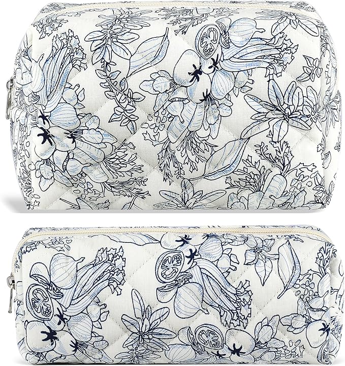 2Pcs Floral Makeup Bag for Women Cotton Quilted Coquette Cosmetic Bag Cute Zipper Black Flower Makeup Pouch Aesthetic Portable Pencil Pouch Travel Toiletry Bag Trendy Cloth Skincare Bag