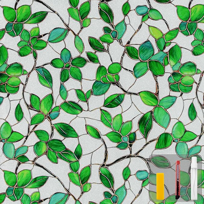 Window Privacy Film Stained Glass Window Film Frosted Window Film Window clings Non-Adhesive Reusable Decorative for Home Removable(Green Frosted, 17.5 X 157.4 in)