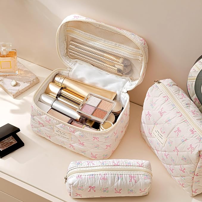 HBselect Quilted Makeup Bag, 3PCS Cotton Large Travel Makeup Bag, Cute Floral Coquette Make up Bag Cosmetic Bag Toiletry Bag for Women Girls