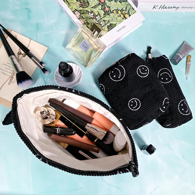 Small Cosmetic Bag set for Women Corduroy Makeup Bag with Interior Pocketes Cute Corduroy Makeup Pouches Women Small Toiletry Bag (Black Smile)