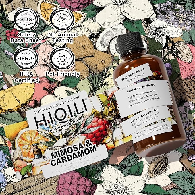 HIQILI Mimosa & Cardamom Fragrance Oil for Candle & Soap Making,Ideal for Essential Oil Diffuser, DIY Perfume, Room Sprays - 1 Fl Oz