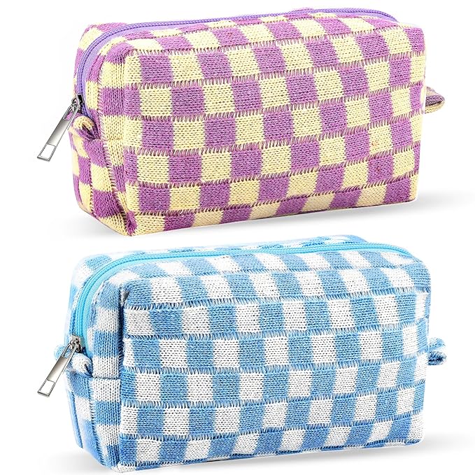 ZLFSRQ 2Pcs Checkered Pencil Case Cute Pencil Pouch for Teens Checkered Makeup Bag Medium Travel Cosmetic Bag Preppy Makeup Pouch for Purse Aesthetic Zipper Toiletry Bags Organizer(Blue/Purple)