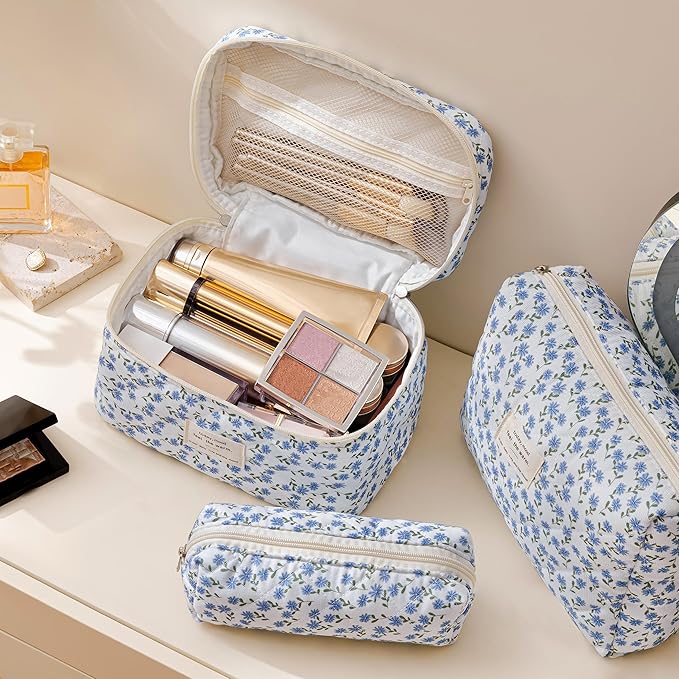 HBselect Quilted Makeup Bag, 3PCS Cotton Large Travel Makeup Bag, Cute Floral Coquette Make up Bag Cosmetic Bag Toiletry Bag for Women Girls