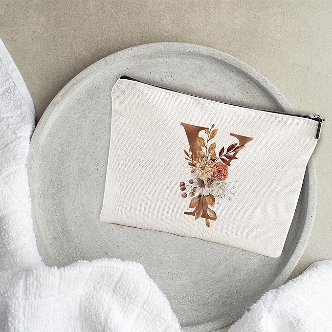 A-Z Boho Personalized Cosmetic Bag-Floral Cotton Letter Makeup Bag With Zipper-Artistic Cosmetic Bag For Travel-Bride,Birthday Gift For Women Daughter Friends-Women Makeup Organizer-A25
