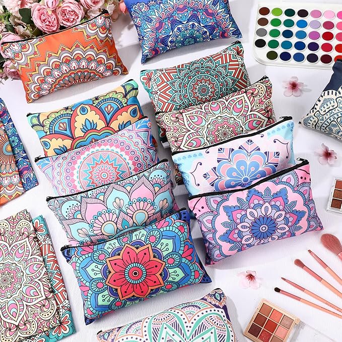 Hillban 36 Pcs Mandala Makeup Bags Bohemian Cosmetic Bags for Women Mandala Flowers Travel Toiletry Pouch with Zipper Portable Organizer Pouch for Cosmetics Makeup Brushes, 12 Styles