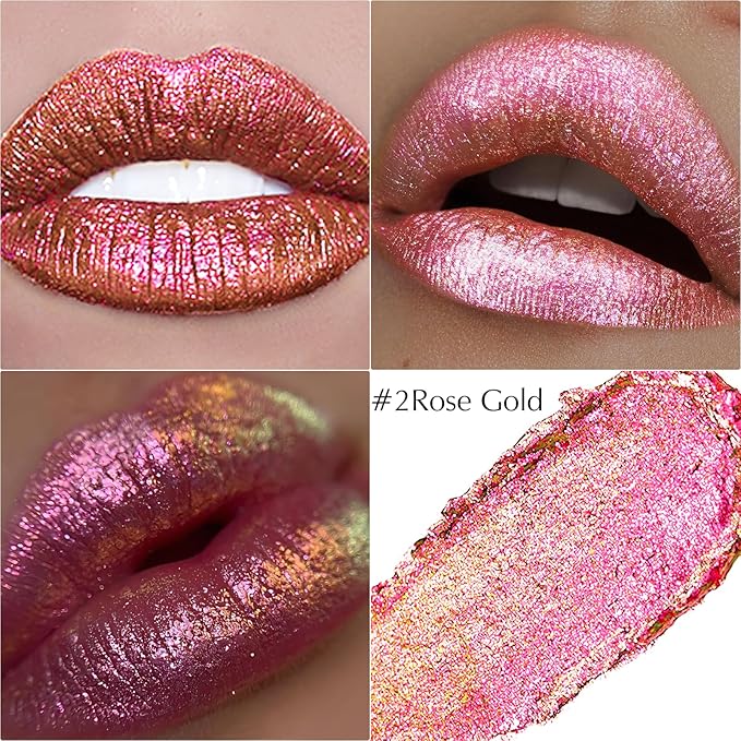 Glitter Lipstick Makeup, Rose Gold Holographic Metallic Lip Stick Long Lasting Lightweight Non-Sticky Hydrating Lip Tinted Full Coverage Sparkling Chameleon Lipstick for Women
